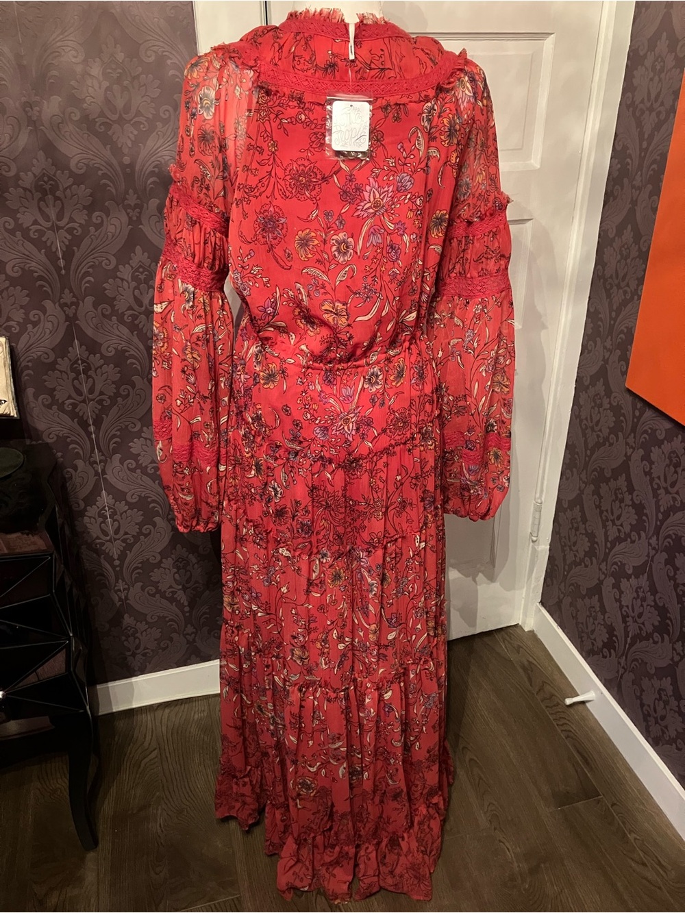 NWT Free People “Cassis” Boho Red Floral Tiered Maxi Dress with Tie Waist - Picture 11 of 14